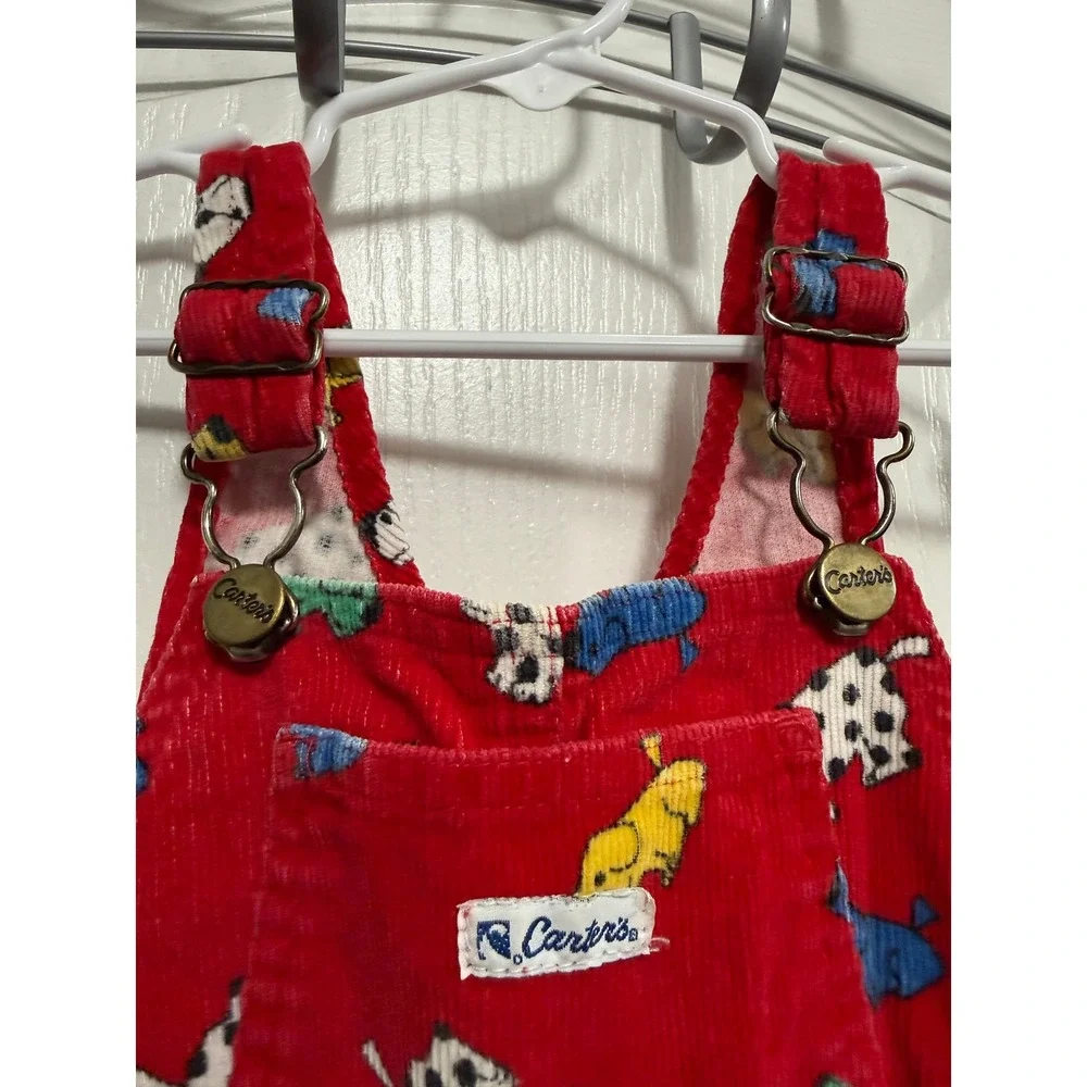 Vintage 90s Carters Red Corduroy Dog Print Overalls Kids 2T Dalmatian Bibs